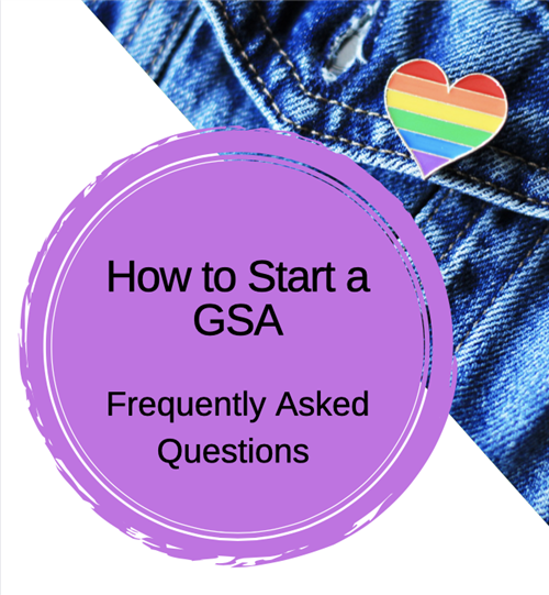 How to start a GSA FAQ in a purple circle with a jean pocket with rainbow heart pin in top right corner